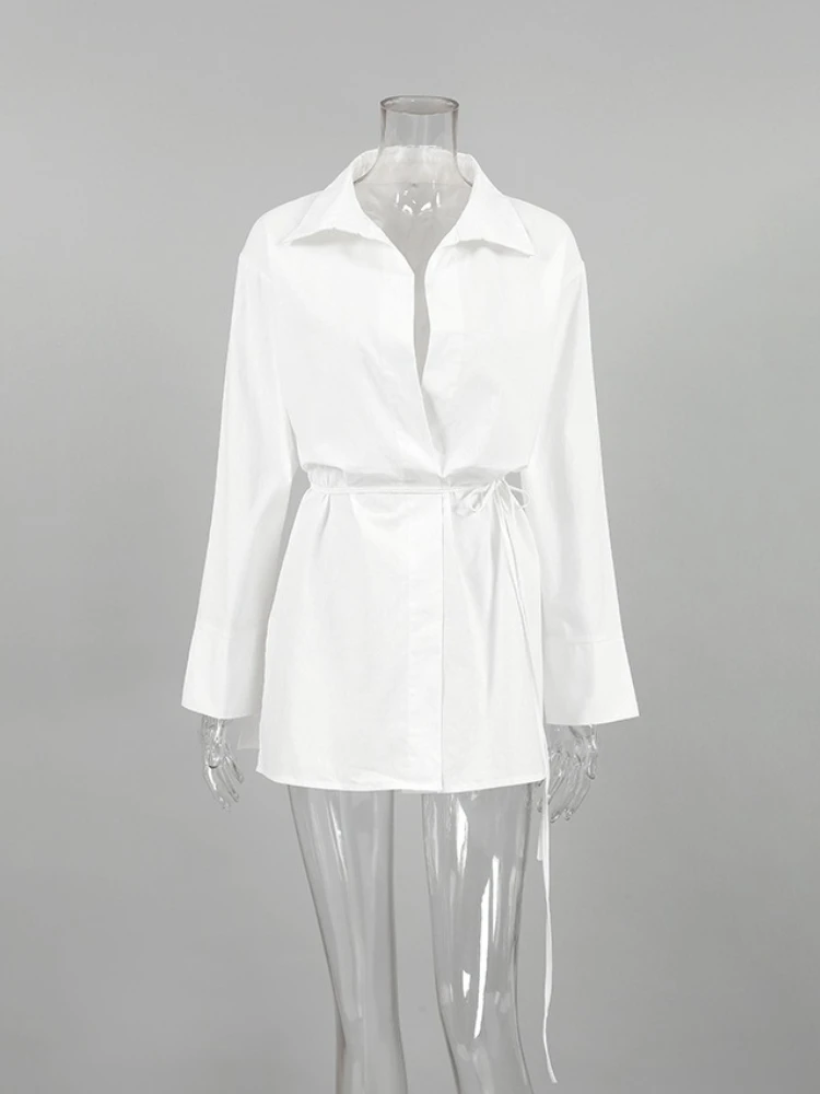 White Cotton Linen Shirts Women Wrap Lace-Up Lapel Casual Elegant Blouses Office Ladies Sunwear 2025 Long Sleeve Top