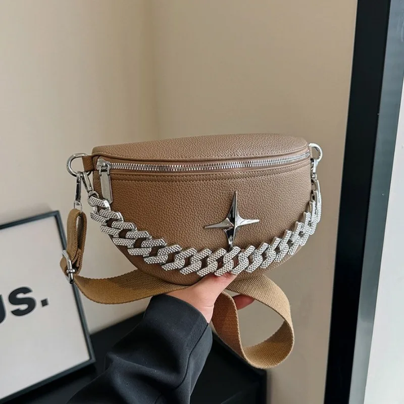 Luxury Chain Fanny Packs For Women Solid Colour PU Waist Bag Fashion Applique Female Waist Pack Ladies Crossbody Chest Bag 2024