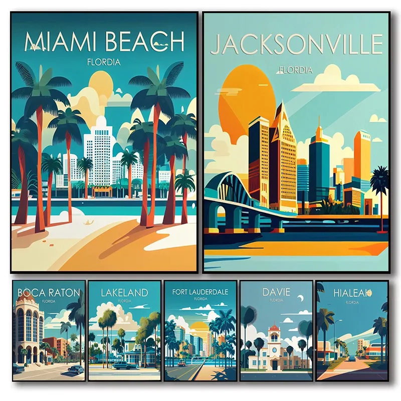 Florida Retro Travel Canvas Print Wall Art Miami Jacksonville Multi-City Vintage Poster Set Minimalist Home Decor Souvenir Gift