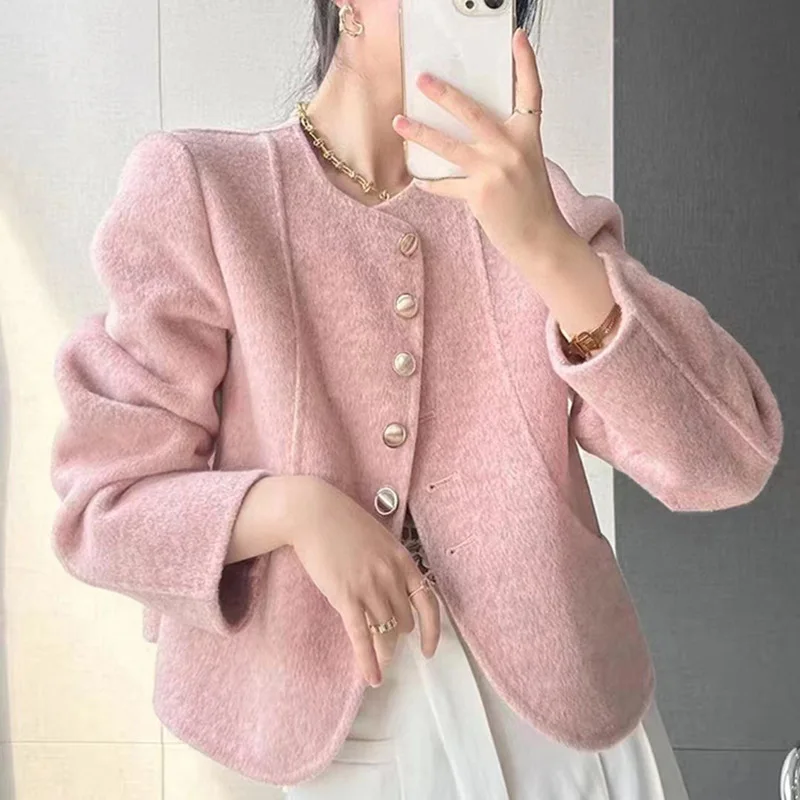 

Gentle Simple Double-sided Wool Tweed Coat Wool Women Short Solid Single-breasted Versatile Casual Top Lady Spring Autumn 2023