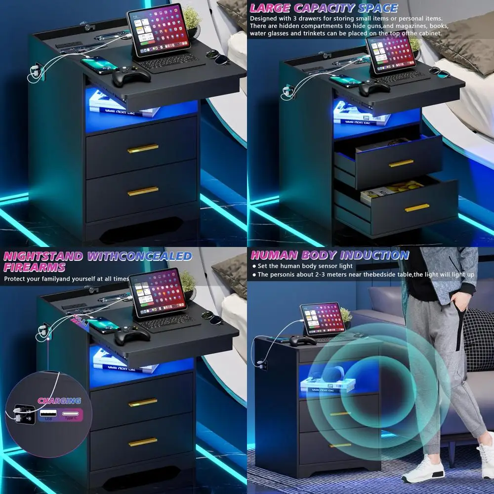 nightstand with lockable gun drawer,3 color dimmable led end table with charging station,bedside table with auto sensor light,sm