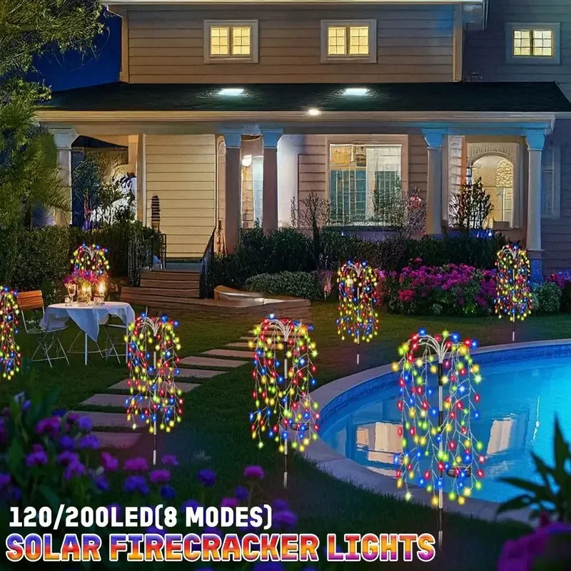 Guirlande lumineuse de feu d'artifice à énergie solaire, 120/200led, étanche, pour l'extérieur, féerique, pour cour, jardin, décoration de fête du Ramadan