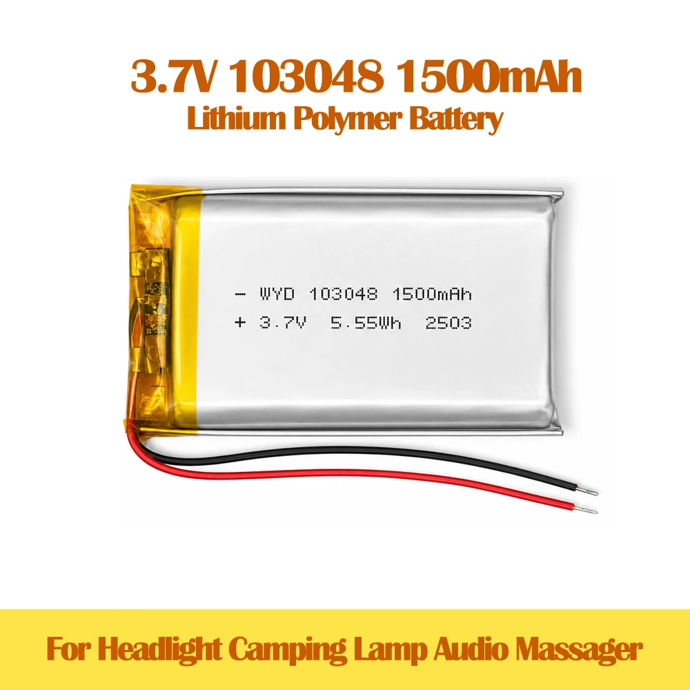 3.7V 103048 1500mAh Rechargeable Lithium Polymer Battery Replacement DIY Batteries for Headlight Camping Lamp Audio Massager