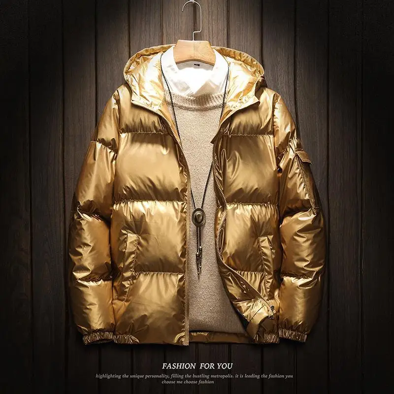 

Golden Personalized Men's Thick Hooded Down Cotton Jacket Shiny and Slim Fit Fat and Warm Cotton Jacket Trendy