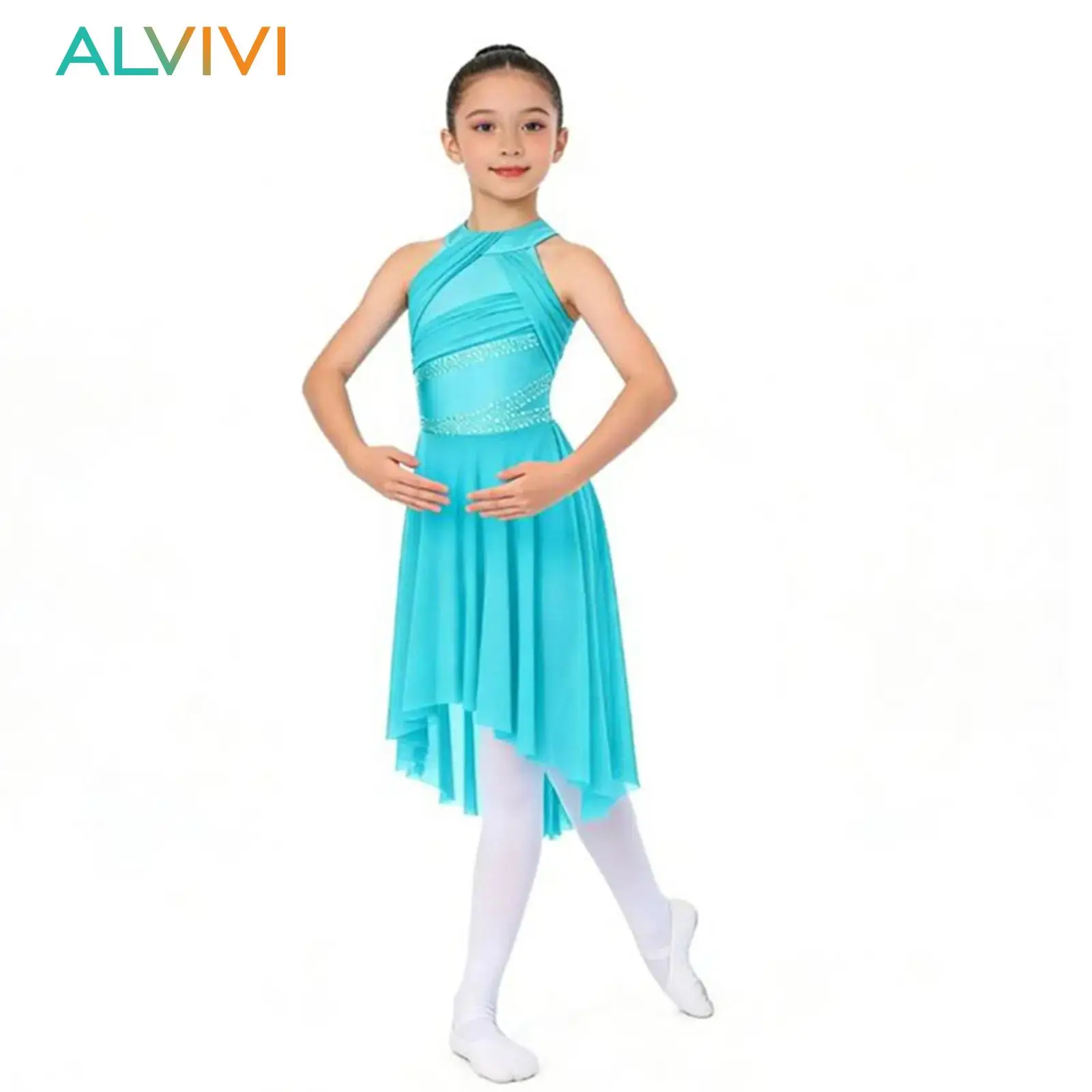 

Детское гимнастическое платье для латинского балета для девочек, блестящий купальник со стразами и рюшами, современное платье для современного танца