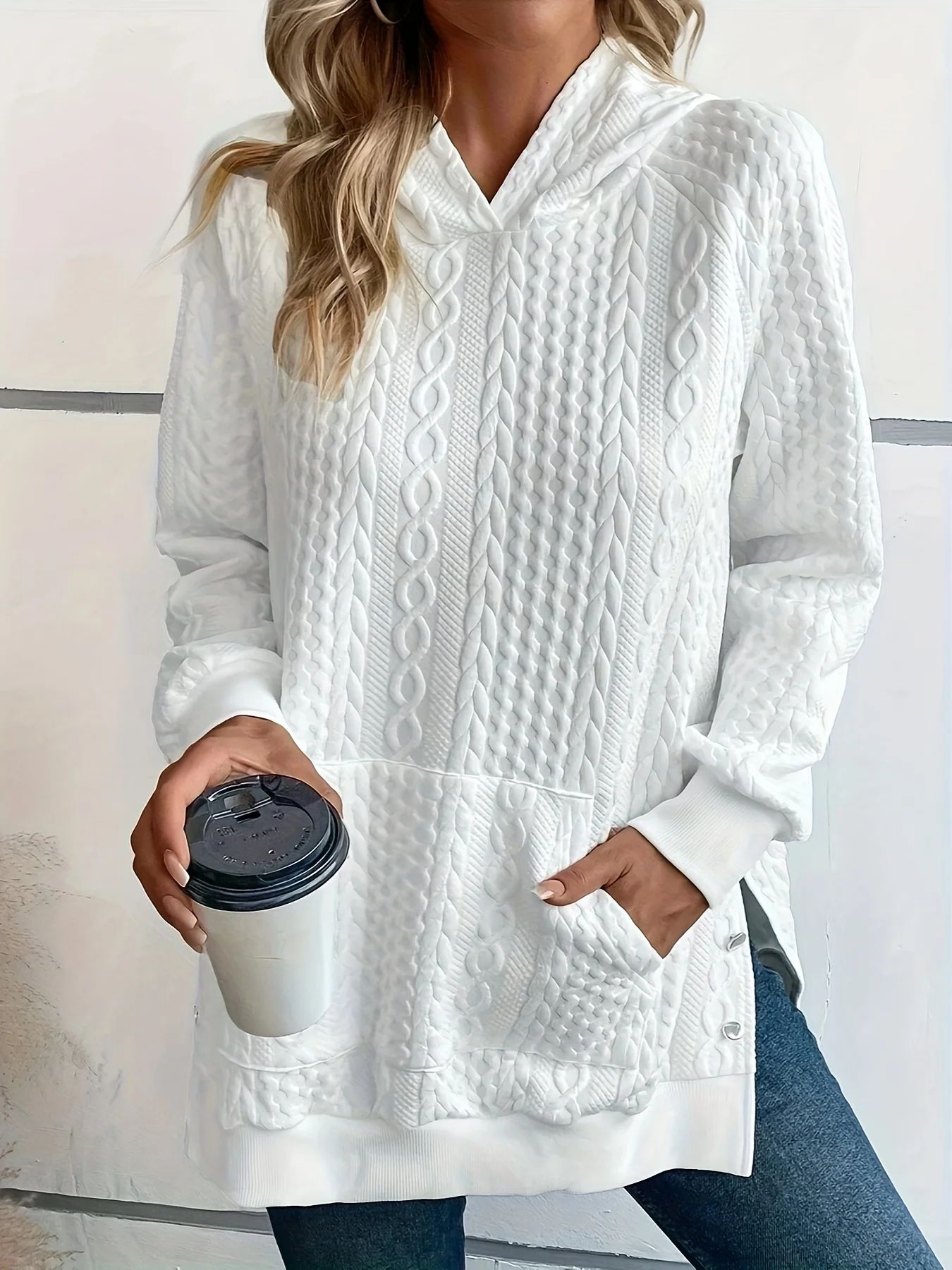 Women Hooded Cable Textured Sweatshirt Long Sleeve Kangaroo Pocket Side Button Split Hem Casual Pullover