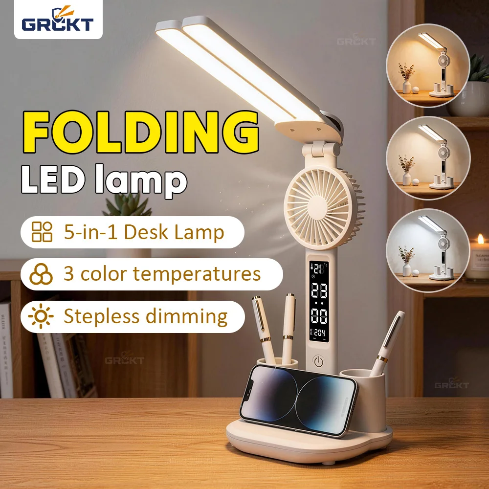 

Настольная лампа с двумя головками и вентилятором, светодиодная, перезаряжаемая, с регулировкой яркости, защитой для глаз, умным дисплеем, для учебы, чтения и ночного освещения