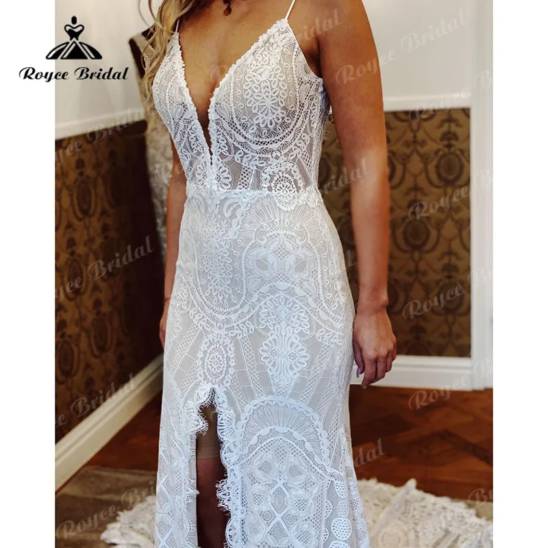 Alças de espaguete renda sereia vestidos de casamento trompete 2023 boêmio sexy nupcial praia casamento vestidos para as mulheres frente split