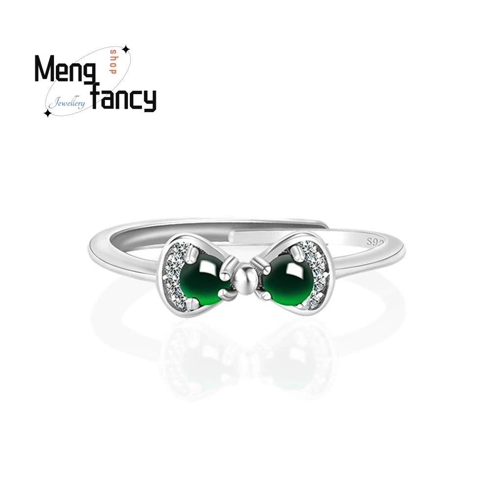 

Emerald emerald bow ring S925 silver inlaid with ice jade fashion high-grade women's hand jewelry