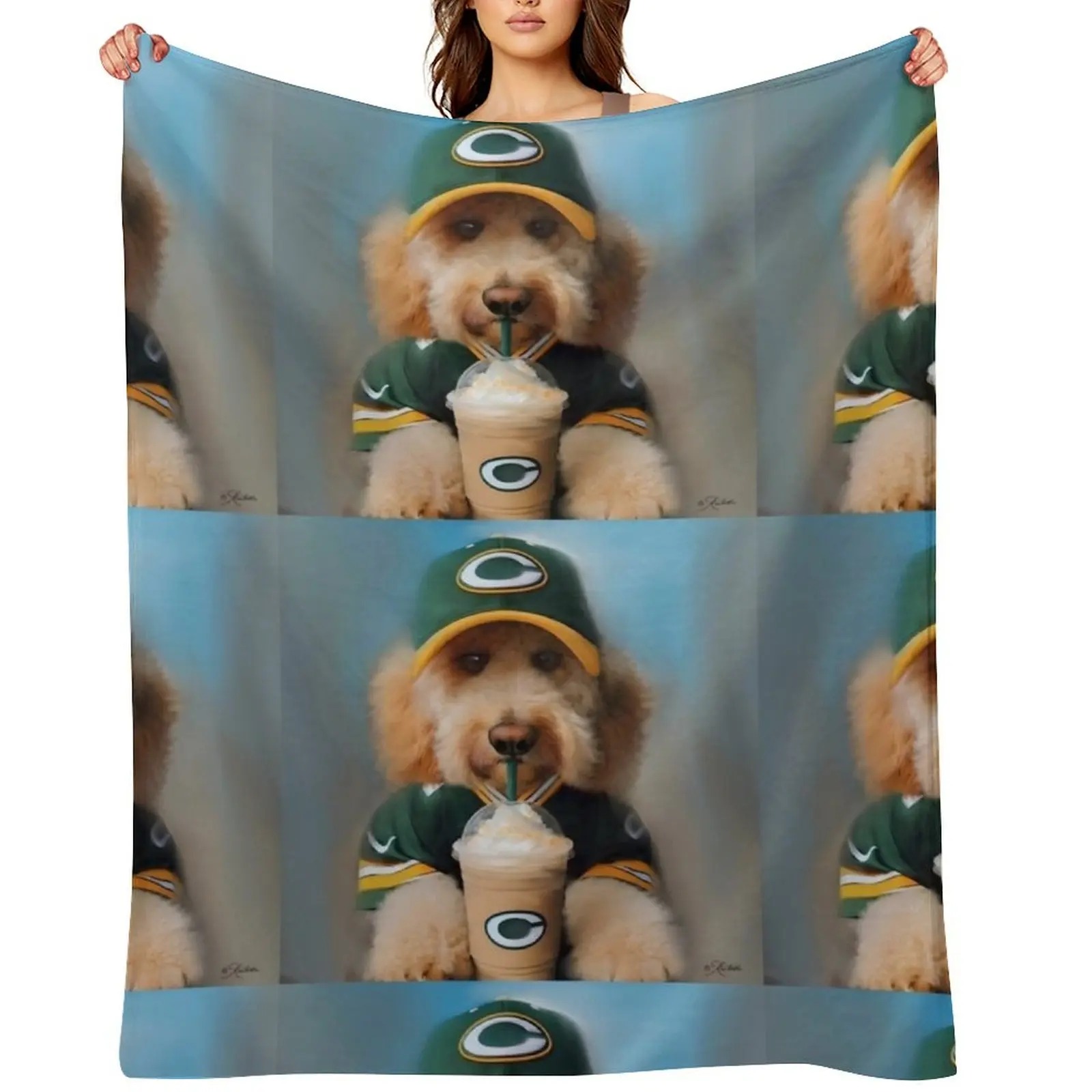 

Funny Coffee Drinking Labradoodle Dog in Baseball Hat and Football Shirt Throw Blanket Moving Personalized Gift Blankets