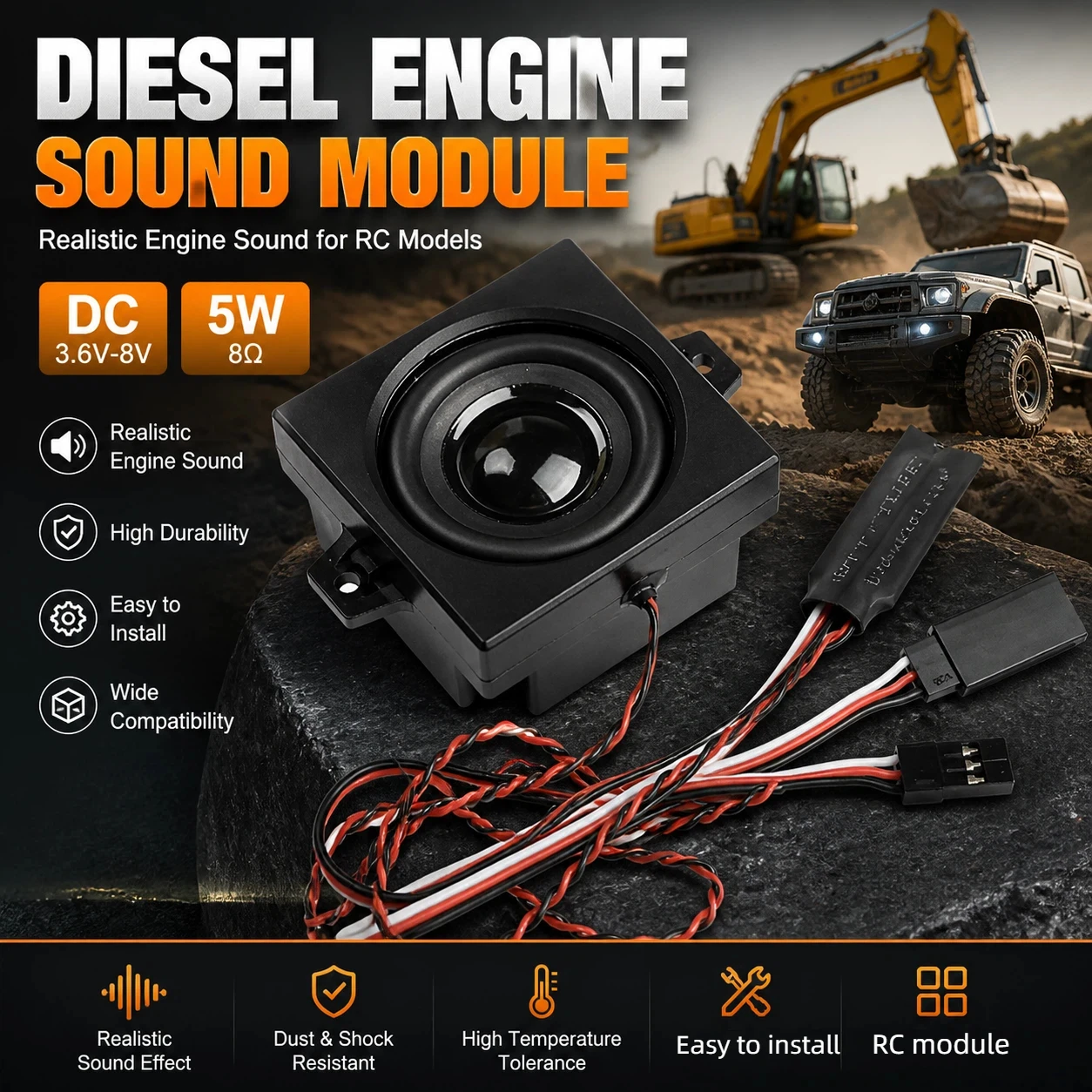 

RC Car Diesel Engine Sound Simulator Speaker Module DC 3.6-8V 5W 8Ohm For Crawler Truck Excavator Model Sound Effect Parts