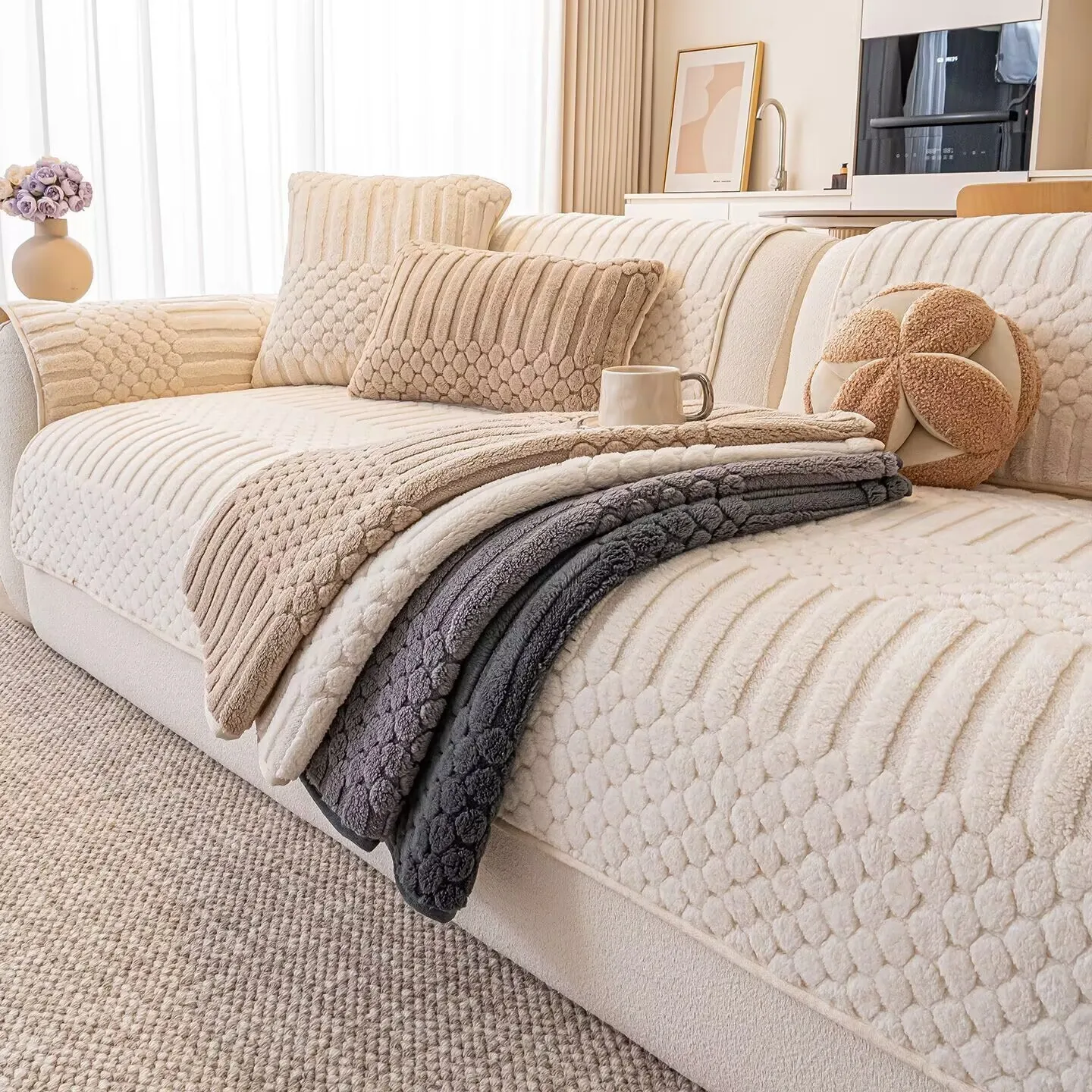 【In Stock】Fleece Velvet Sofa Cover Cream Style Solid Color Machine Washable Seat Cushion Pad Anti-slip Furniture Dust Slipcovers