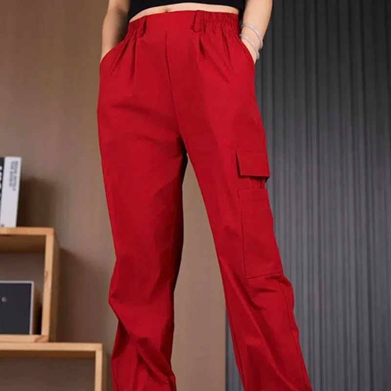 Modna odzież damska w stylu vintage Jednokolorowe elastyczne kieszenie Wiosenne jesienne spodnie Bloomers Cargo Przycięte spodnie z wysokim stanem