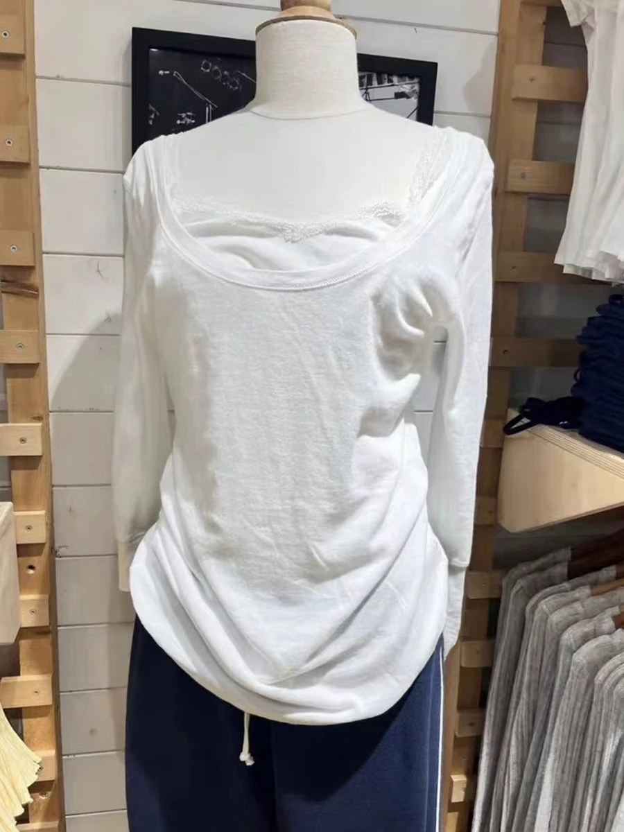 

White Cotton Long Sleeve T-shirts Women Autumn New Scoop Neck Solid Tees Femme Casual Vintage Sweet Pullover Tops Y2k Tshirts