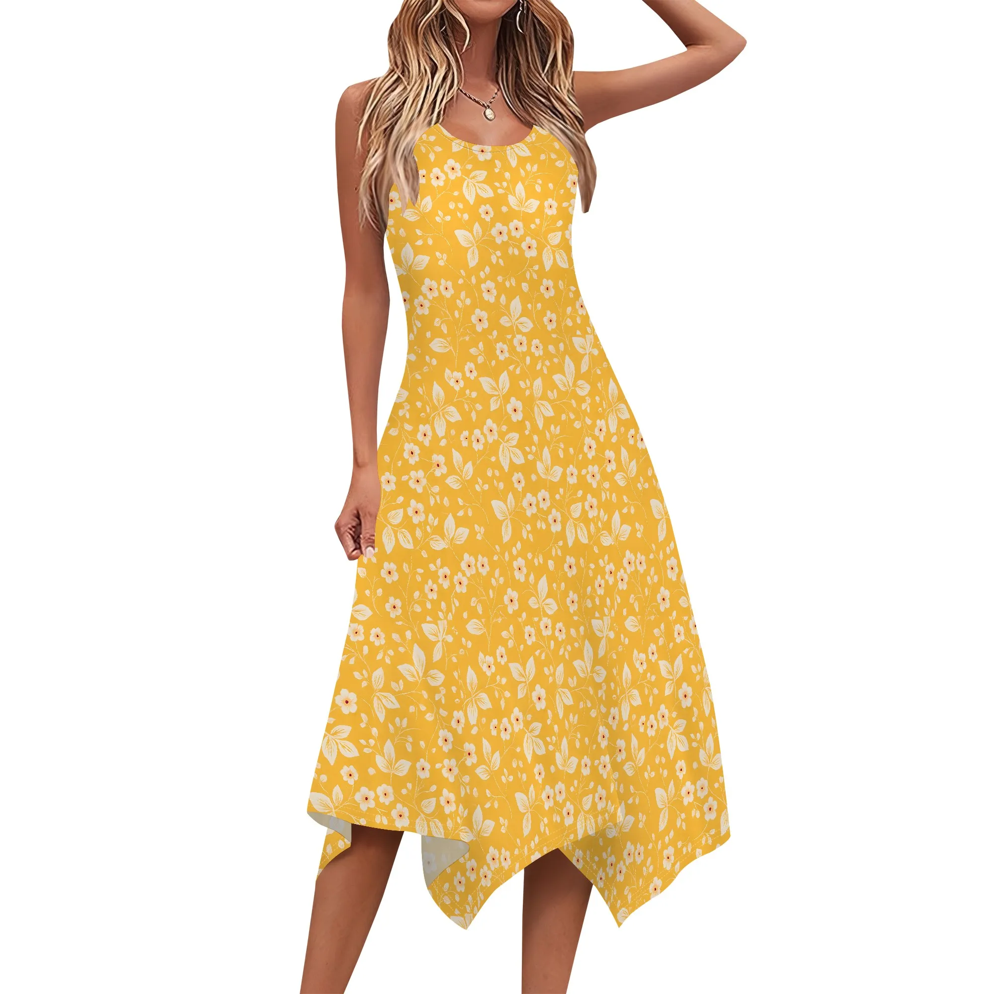 ชุดเดรสฤดูร้อนสตรี Sundresses แขนกุดคอ U หลวม