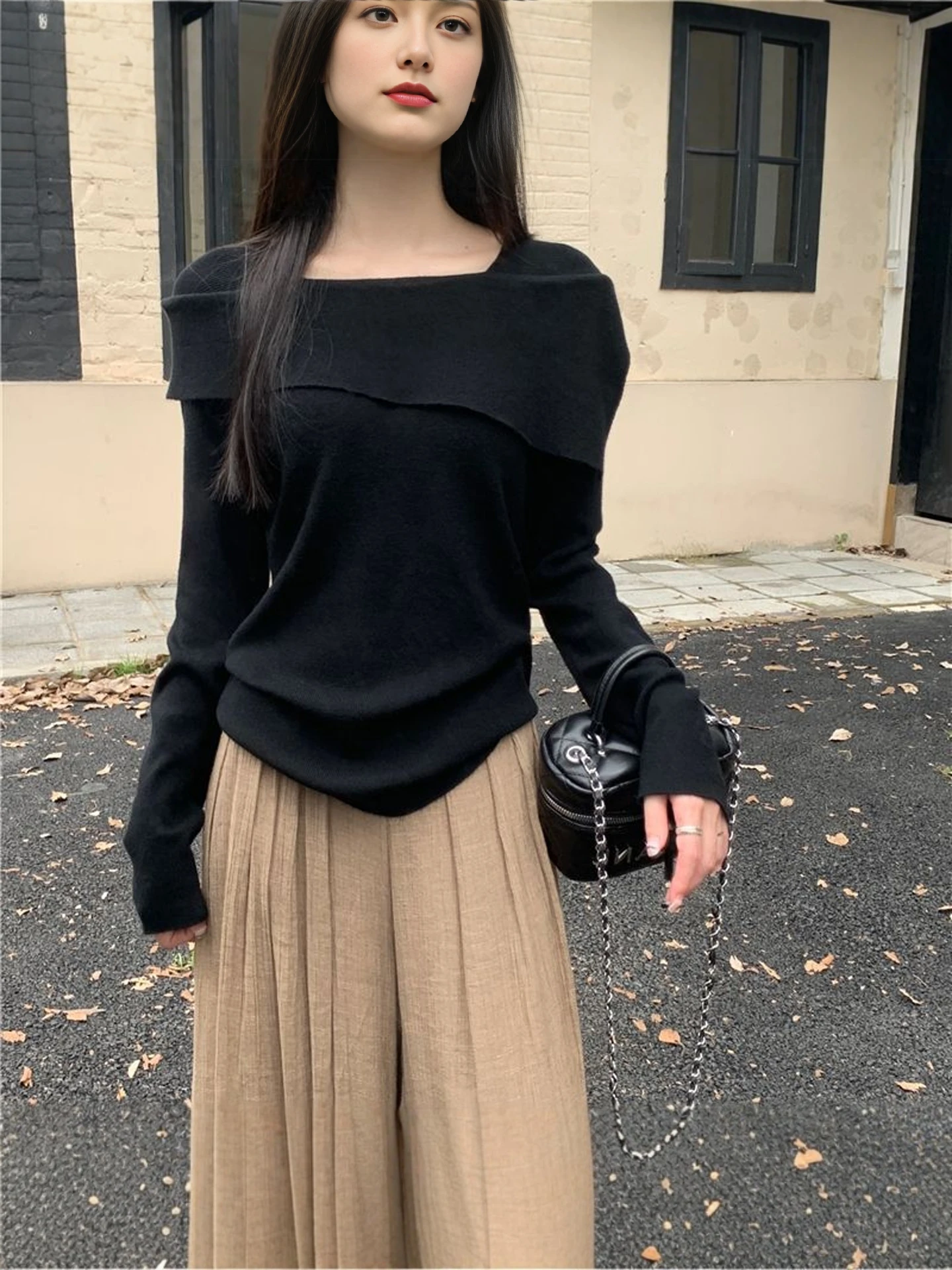 Elegant Black One-Shoulder Knitted Slim Fit Women's Base Shirt Spring Autumn Small Size Inner Wear  Shoulder Top