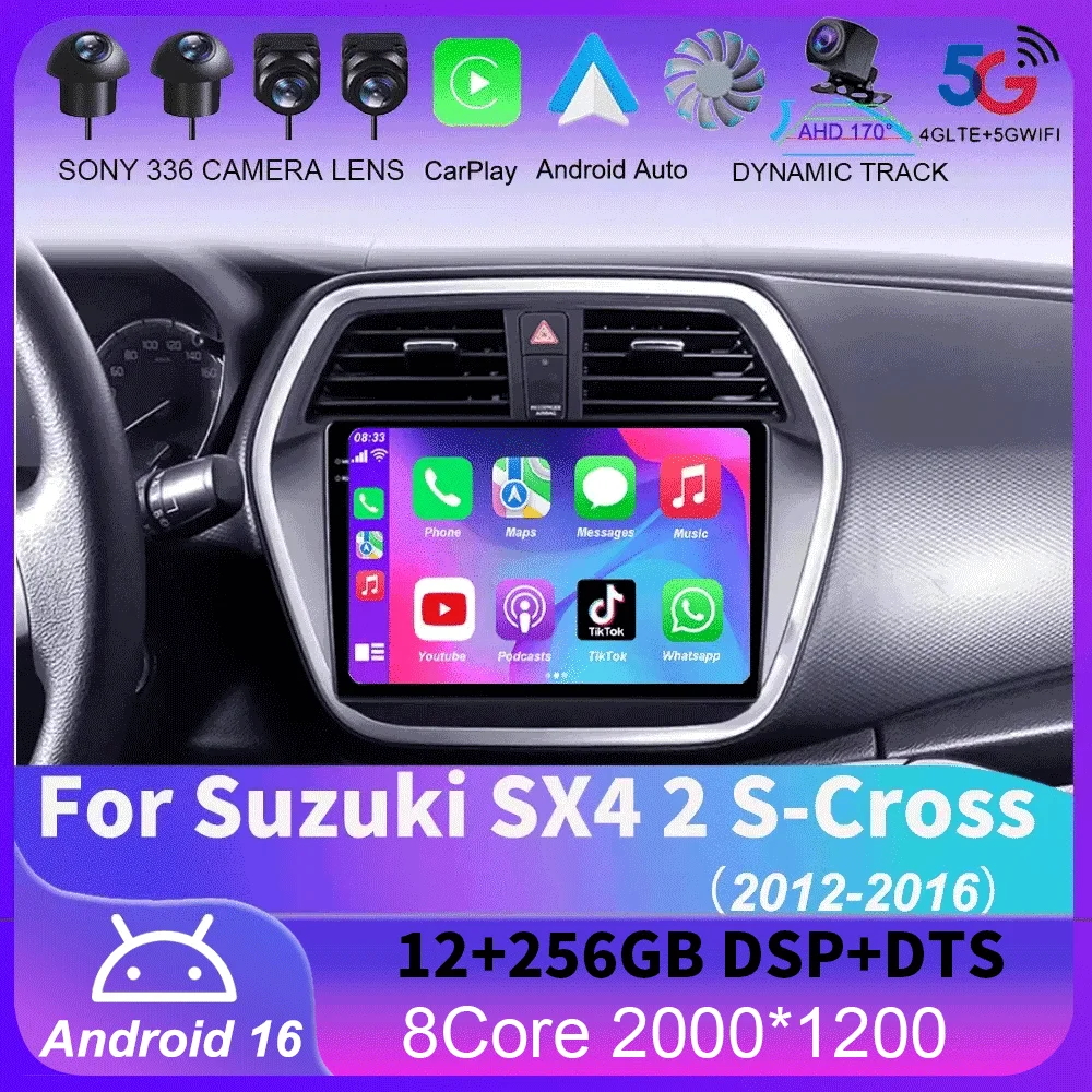 Android 16 For Suzuki SX4 2 S-Cross 2012 - 2016 Carplay Auto 4G+WIFI GPS Car Radio Navigation Multimedia Video Player Stereo BT