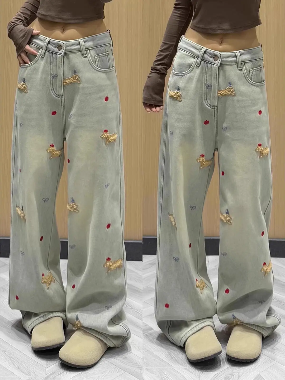 

Cartoon Dog Embroidered Fce Lined Wide Leg Jeans Women's High Waist Slimming Long Pants Spring Autumn plus Size Design