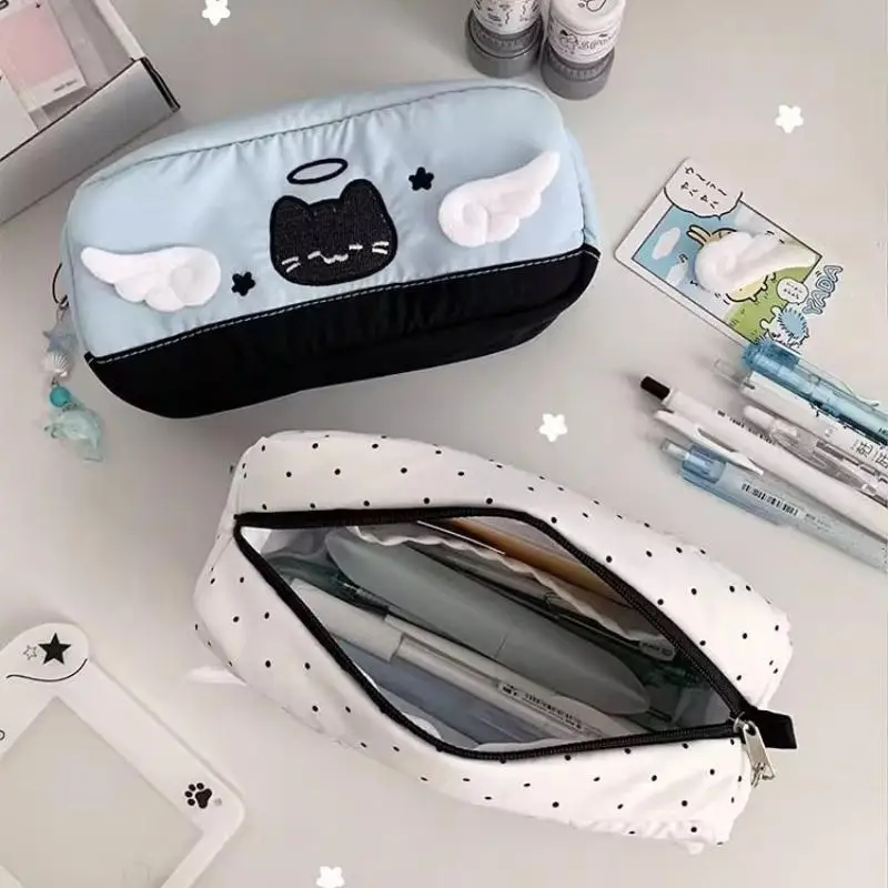 Cute Cartoon Angel Demon Cat Pencil Case Black Polka Dot Large Capacity School Stationery Organizer