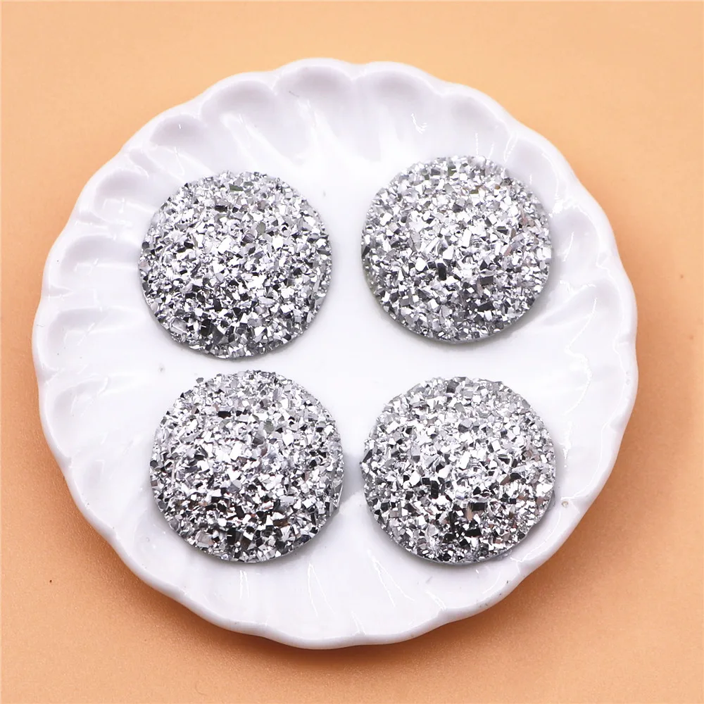 50pcs 16mm Round Shiny Silver Druzy Stone Surface Resin Flatback Cabochon DIY Craft Accessories