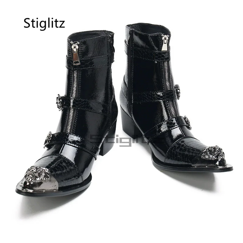 Men's Belt Buckle Patent Leather Chelsea Boots Black Business High Heels Ankle Boots Metal Pointed Toe Genuine Handmade Shoes - view 4