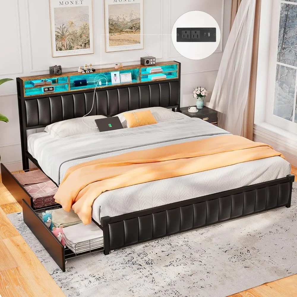 

King Size Bed Frame with Bookcase Headboard and Charging Station, Bed with 4 Storage Drawers & LED Lights, USB-C & USB Ports