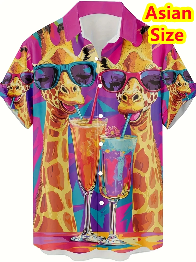 

2025 Colorful Giraffe Print Shirt Casual 3D Printed Tropical Floral Hawaiian Shirt Button Short Sleeve Holiday Beach Shirt