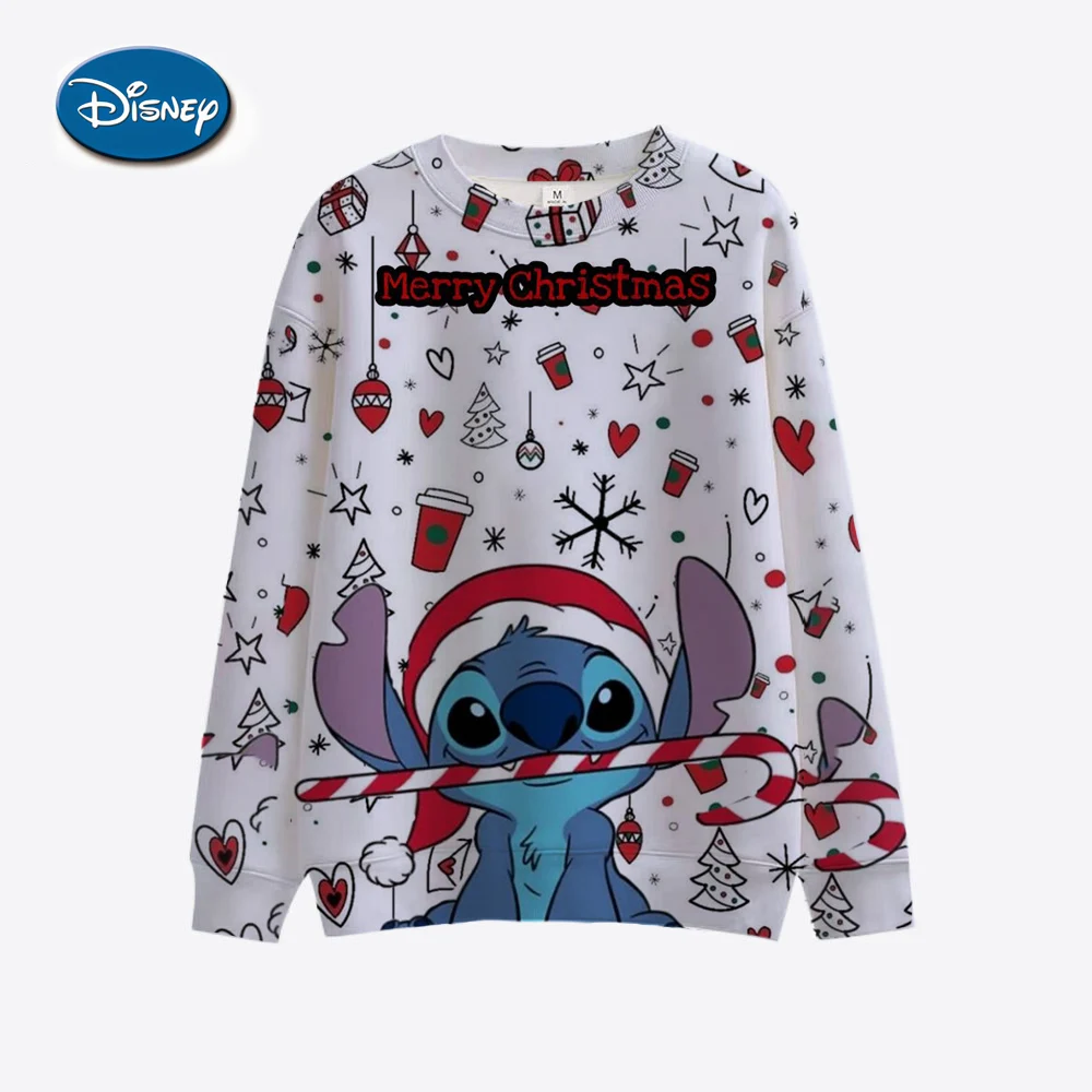 Disney Stitch Women\'s Christmas Hoodie Knitted Sweatshirt Round Neck Long Sleeve Shoulder Sweatshirt Top Harajuku Hoodie