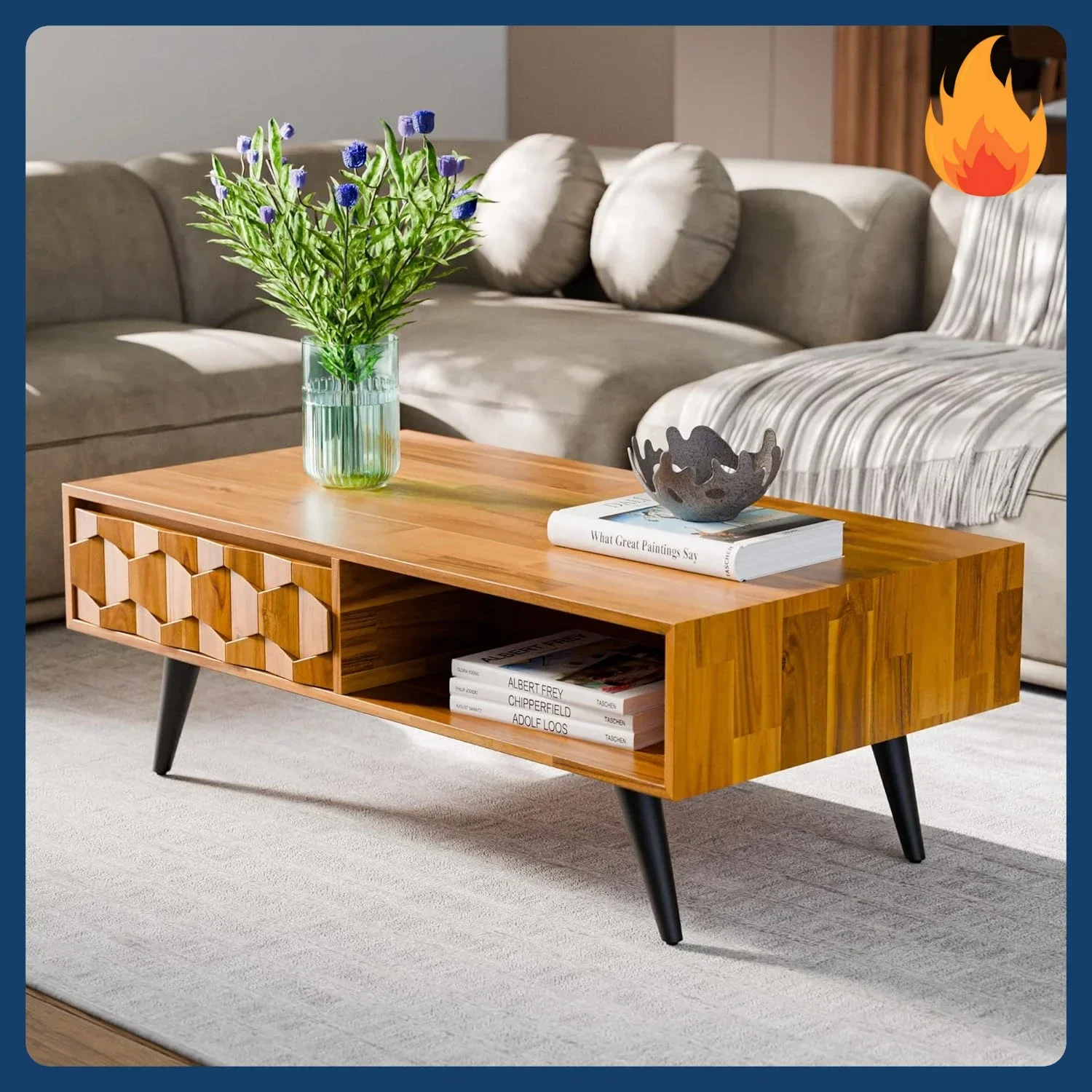 

[New Arrival!]Georgina Solid Wood Coffee Tables for Living Room, Coffee Table Mid Century Modern with 2 Symmetrical Storage Draw