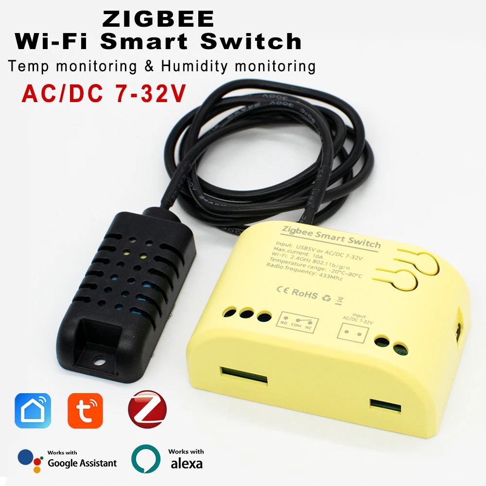 7-32 В или 85-250 В Zigbee Tuya, мониторинг температуры и влажности, интеллектуальный переключатель управления с использованием Wi-Fi/433 МГц RF с Alexa Google Home
