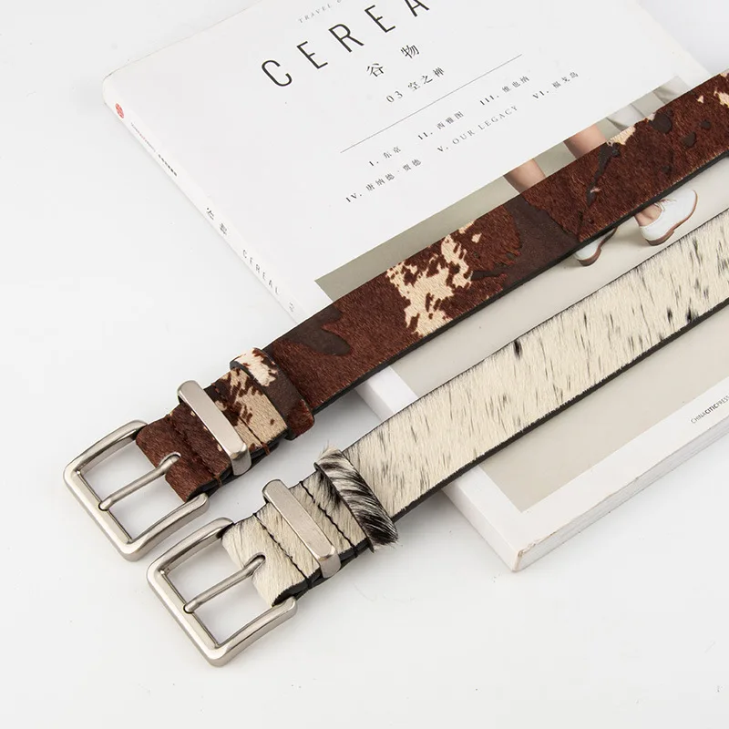 Trendy Retro Cow Print Genuine Leather Belt for Women Artistic Silver Buckle for Jeans
