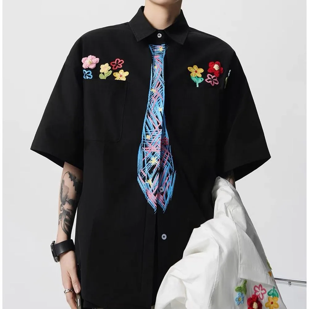 Men'S Summer Embroidered Floral Print Tie Casual Street Style Everyday Fashionable And Versatile Short-Sleeve Shirt 2026New