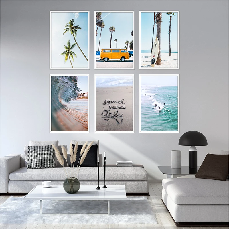 Summer Beach Poster Pink Sunset Waves Palm Trees Tourists Umbrellas Canvas Painting Tropical Island Wall Art Picture Home Decor