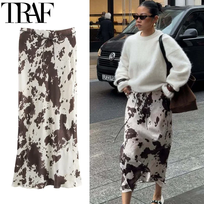 

TRAF Woman 2025 Skirts Vintage Print Long Skirts For Women Tie Dye Summer Satin Skirt Belt High Waist Elegant Women's Skirts