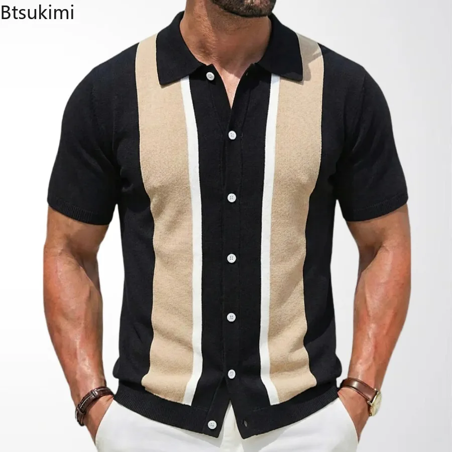 Camisas casuais listradas masculinas, camisa de malha vintage, retalhos respirável britânico, manga curta, polo jacquard empresarial, verão, 2024