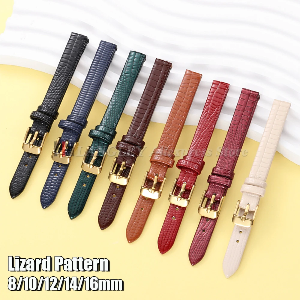 Ultradünnes Leder-Uhrenarmband mit Eidechsenmuster für Damen, 8 mm, 10 mm, 12 mm, 14 mm, 16 mm, schmales Armband, universelle Armbänder