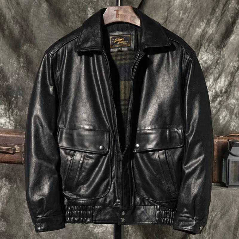 Black Autumn Pilot Leather Jacket Men Retro Style Plus Size 5XL Genuine Natural Cowhie Flight Leather Coat
