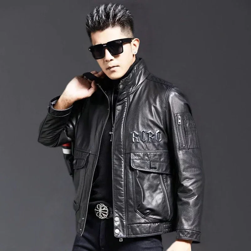 Men's Genuine Leather Jacket Biker Motorcycle Wear Short Standing Collar Oil Wax Leather Jacket Men Sheepskin Jacket Man Coat