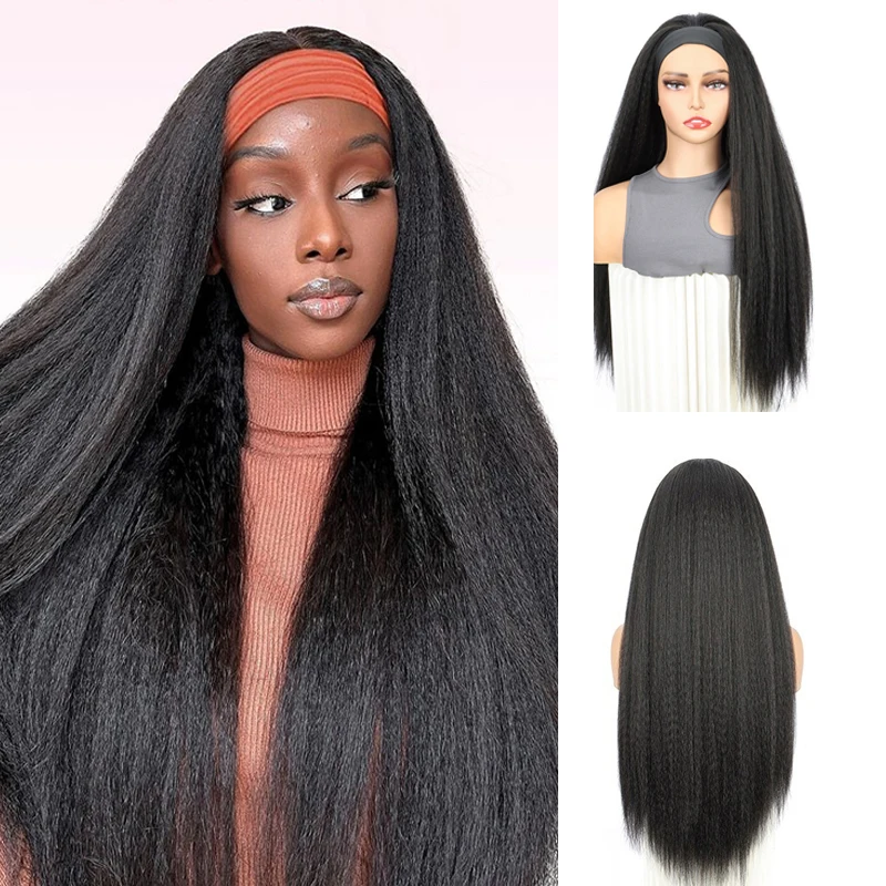 Perruques synthétiques Yaki lisses pour femmes noires, demi-perruque attachée, entièrement fabriquée à la Machine