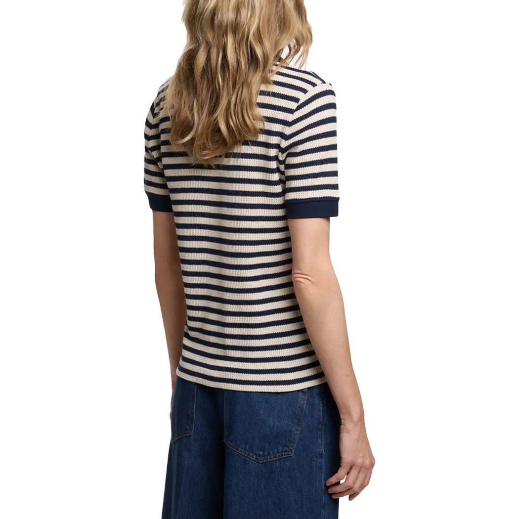 2025 Women Stripe Tops Summer Embroidery Short Sleeve Casual Simple Classics Patchwork Knitted T-Shirt Office Ladies Tees