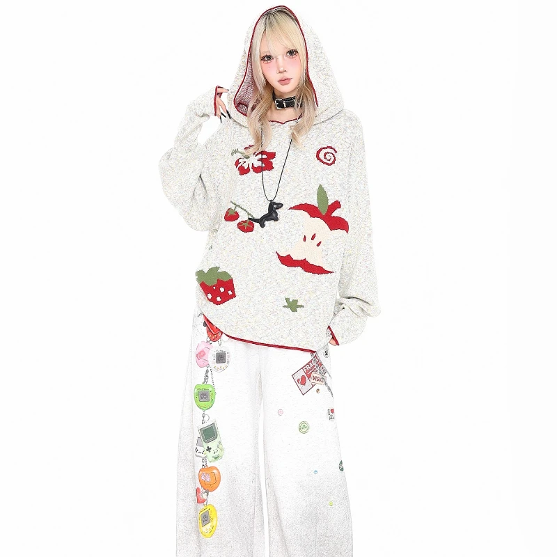 Otoño nuevo divertido estampado de frutas suéter con capucha para mujer diseño Original estilo japonés Casual suelto versátil Jersey de punto señoras