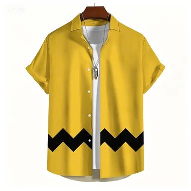 2026 Simple Yellow Background, Fine Black Wavy Hem, Short Sleeved Shirt, Retro Casual Men's Shirt - view 5