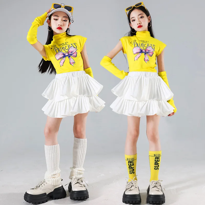 힙합 소녀용 옐로우 크롭탑, 찢어진 청바지, 스트릿 댄스 스커트, 키즈 스트릿웨어, 아동 재즈 걸그룹 의상, K팝 의상 세트