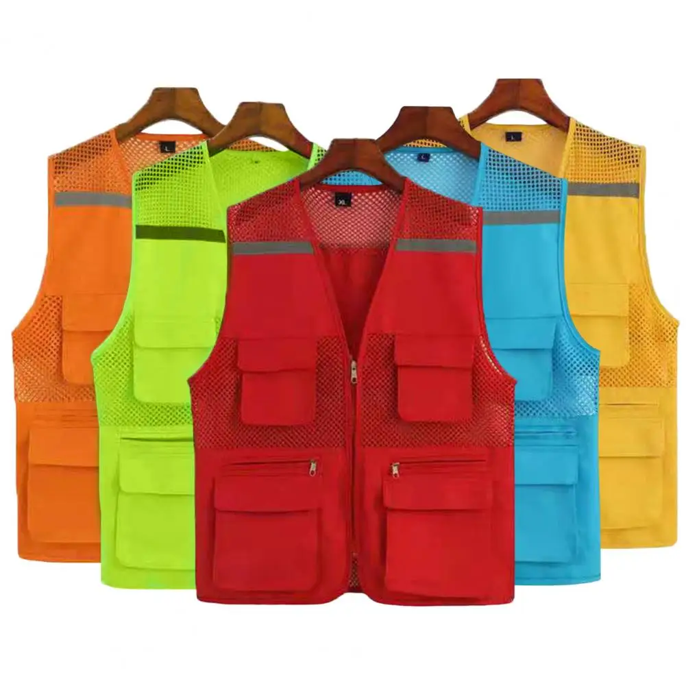 Men Waistcoat Reflective Stripes Breathable Sleeveless Multi Pockets Zipper Mesh Lightweight Director Fishing Camping Vest