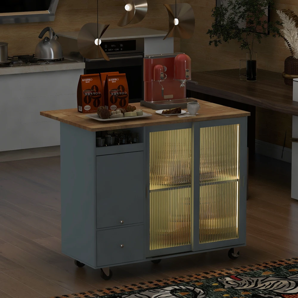 Kitchen Island with Drop Leaf LED Light Kitchen Cart on Wheels 2 Fluted Glass Doors1 Flip Cabinet Door,Kitchen Island Cart Shelf