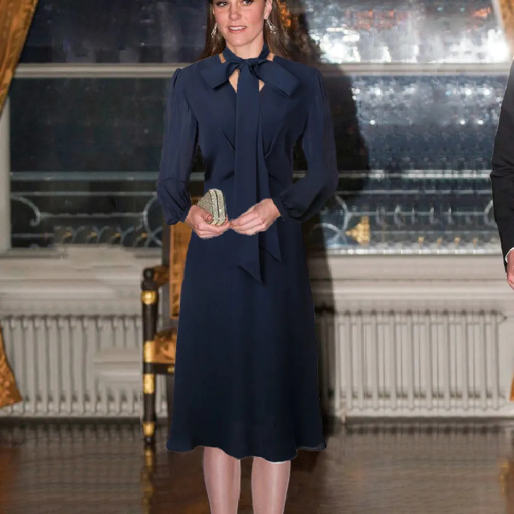 

Luxury Fashion Women Navy Blue Long Dress Kate Middleton Princess Female Fit And Flare Dress Long Sleeve Midi Dress With Sashes