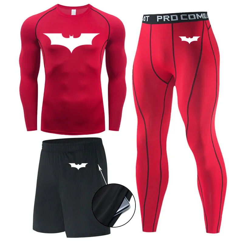 

Men Compression Workout sports running tights MMA clothing Bat T shirt Sweat Gym leggings 3 pieces Underwear jogging suits Top