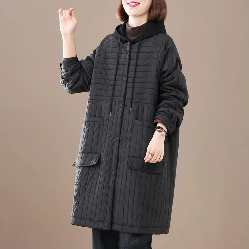

Women's Retro Sle Oversized Cotton Jaet Striped plus Size Conceal Meat Mid-Length Coat Winter New Arrival Korean Version