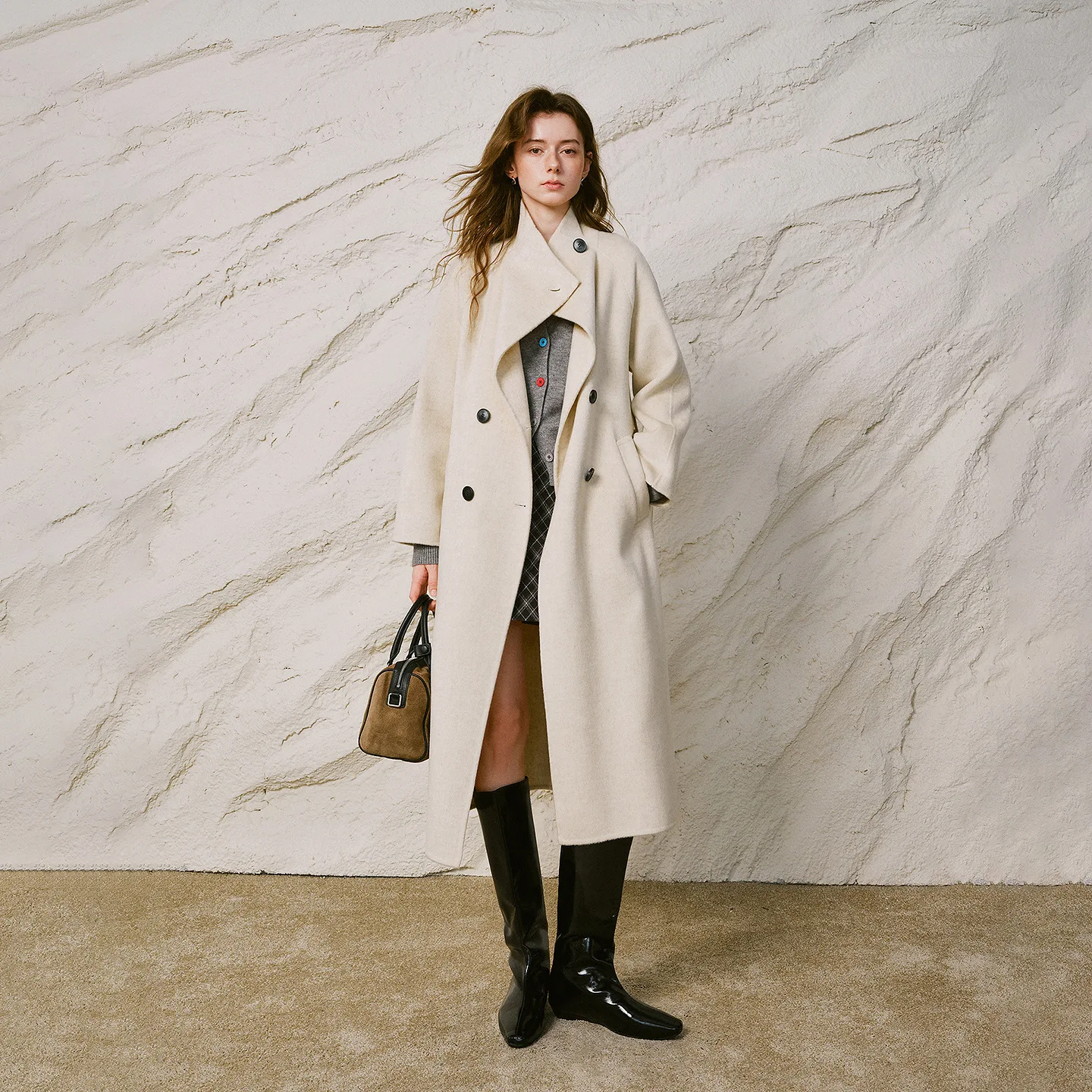 TOYOUTH Women Coat 2026 Winter New Wool Double Faced Stand Collar Diagonal Placket Belted Mid Length Overcoat
