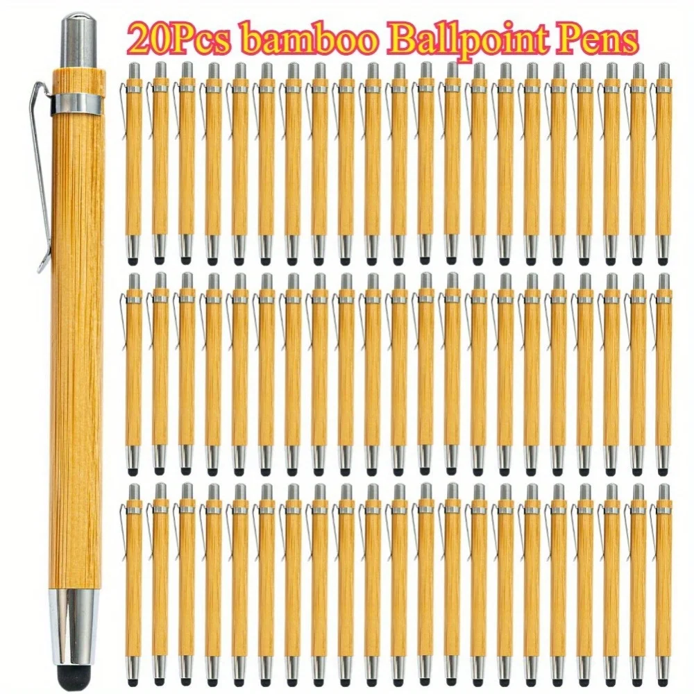 20 قطعة من أقلام حبر جاف من الخيزران مع قلم - أقلام نقرة من الخشب الطبيعي للمكتب، هدية إعلانية وكتابة شاشة اللمس
